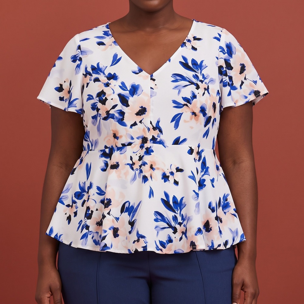 Torrid Blouse Womens 3 Floral Peplum White Blue V-Neck Short Sleeve EUC